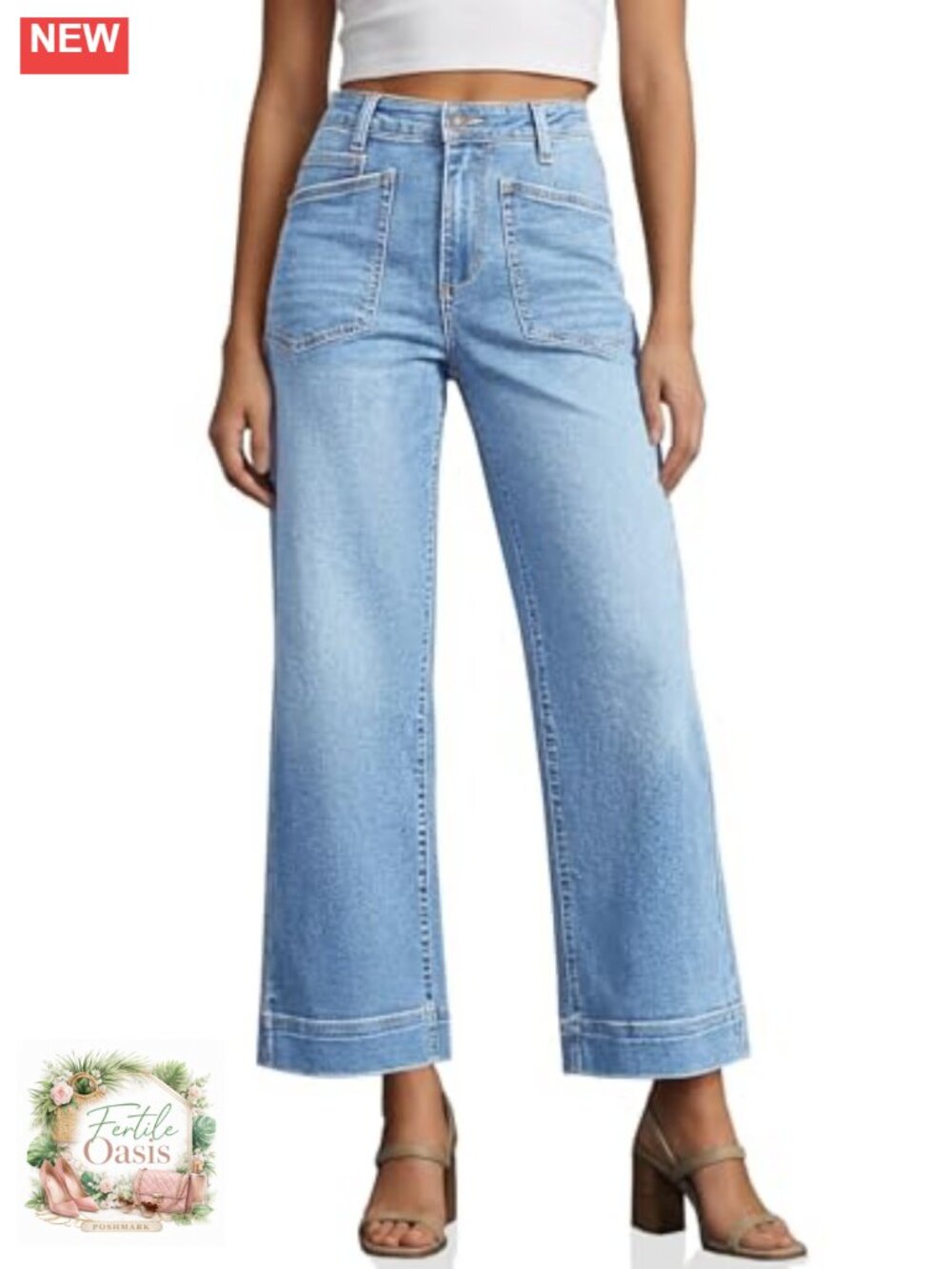 Wide Leg Crop Jeans High Waisted Stretchy Distressed Denim with Pockets